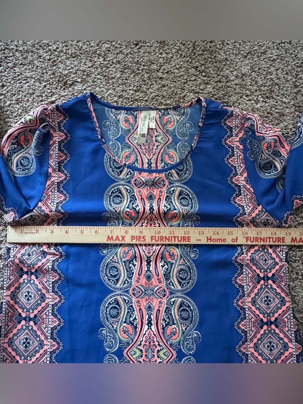Boho Paisley Tunic Blouse M Blue Coral 70s Hippie Festival Pink Owl - Picture 9 of 10